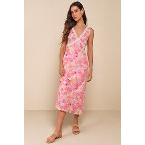 Lulus Picture-perfect Days Pink Multi Floral Lace V-neck Midi Dress - Size M